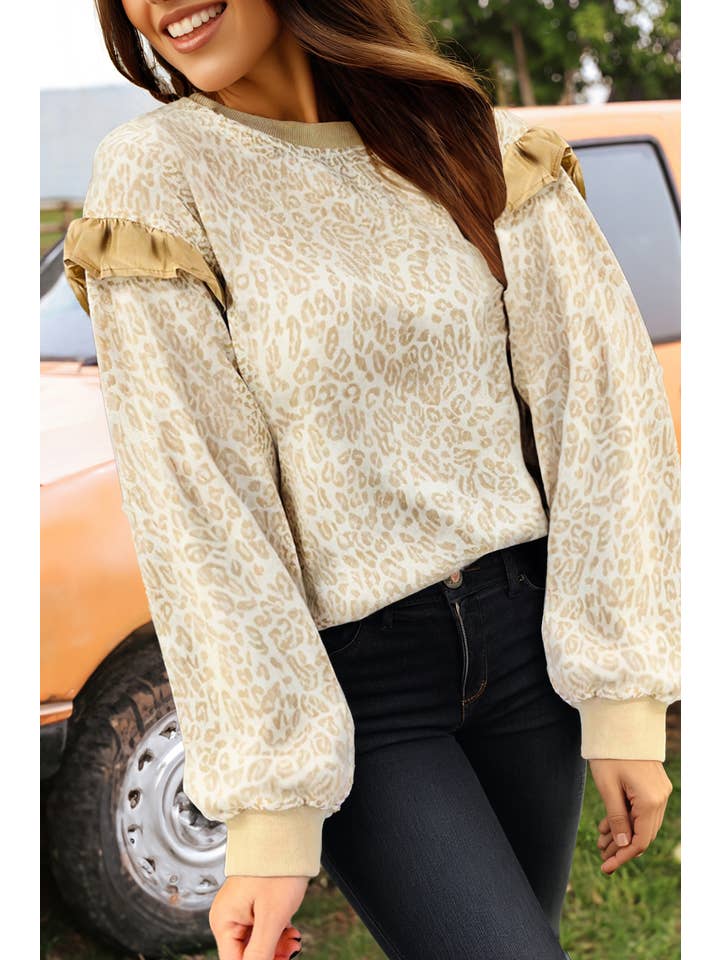 As shown Western Leopard Ruffle Detail Ribbed Trim Sweatshirt for wholesale on Faire