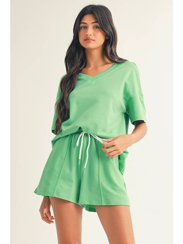 Little Daisy Closet - Wholesale Lounge Set - Women's - LDC V Neck Drop Shoulder Tee and Patchwork Drawstring Shorts