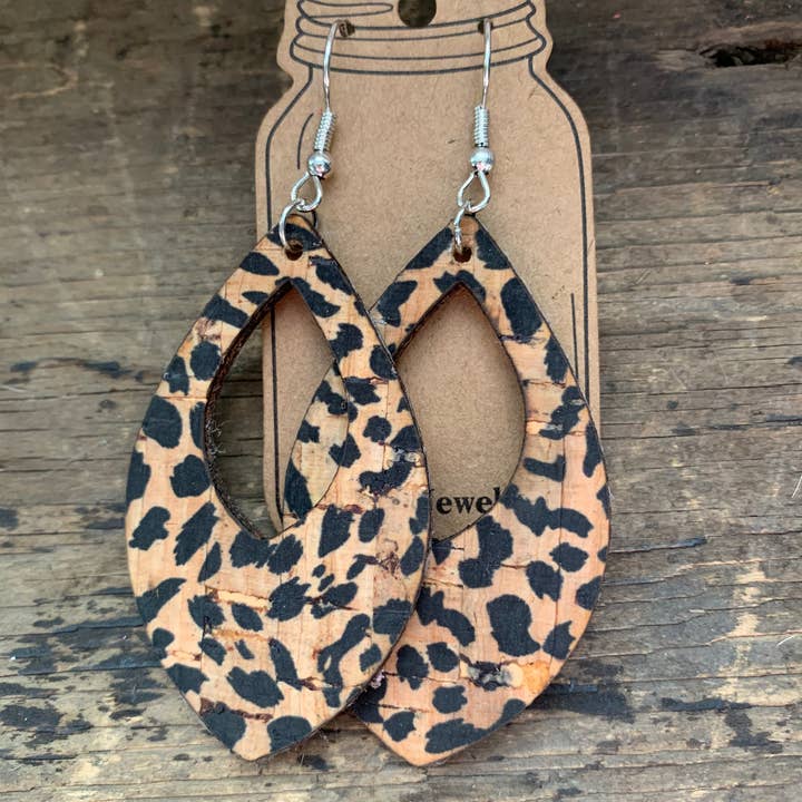 Cheetah Cork and Leather Teardrop Earrings for wholesale by Jill's Jewels