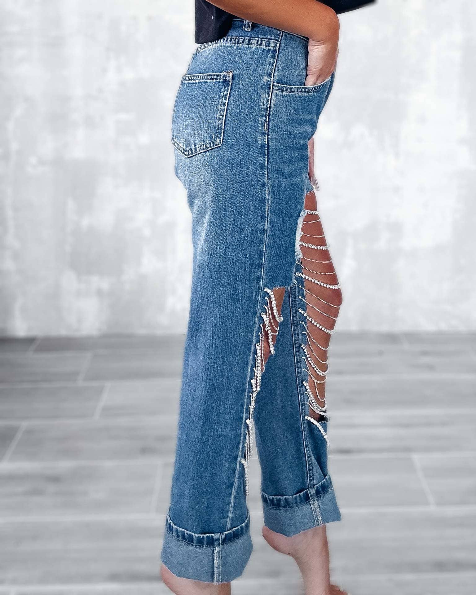 Rosa Clothing - Wholesale Jeans - Women's - Denim & Diamonds Rhinestone Chain Ripped Cut Out Jeans9