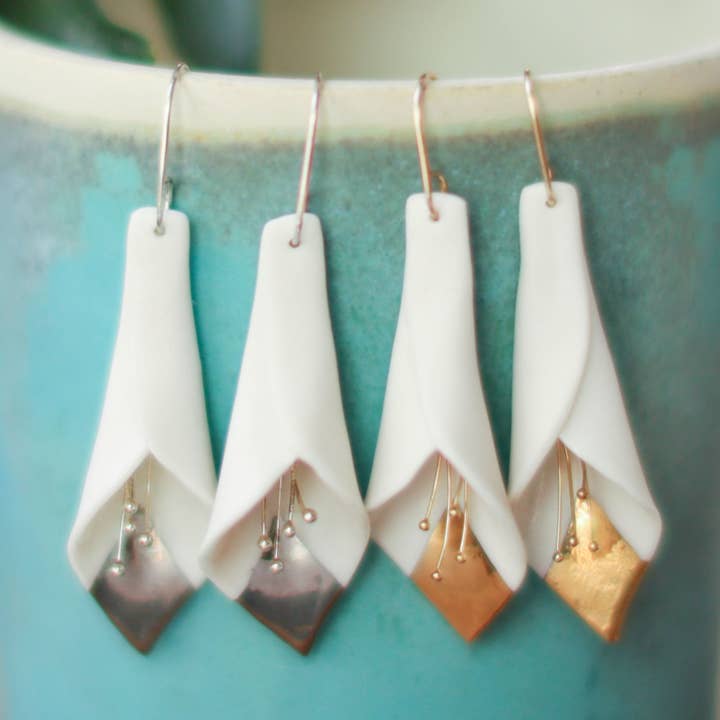Remnant Studios - Wholesale Dangle Earrings - calla lily earrings with gold accent0