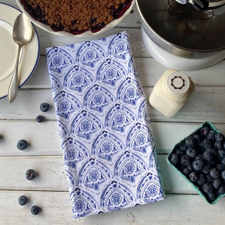 Summer by the Sea Indigo Tea Towel for wholesale by tiny farmhouse by Amy McCoy