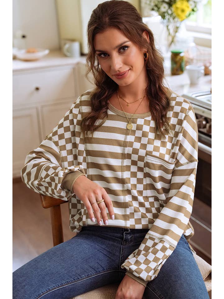 1 the Woman - Wholesale Blouse - Women's - Checkerboard Patchwork Lantern Sleeve Pocketed Blouse |S-4X