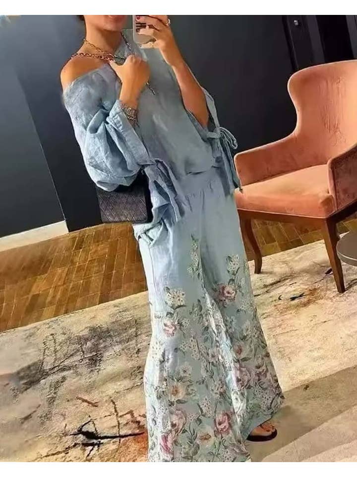 Chicto - Wholesale Top & Pant Set (NOT Loungewear) - Women's - Casual Nature Linen Floral Printing Two Pieces Set
