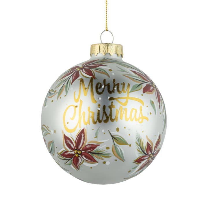 A45386 : Boule de Noël en verre, blanc, or, script Joyeux Noël, poinsettia, 4 pouces pour la vente par Silver Tree Home & Holiday