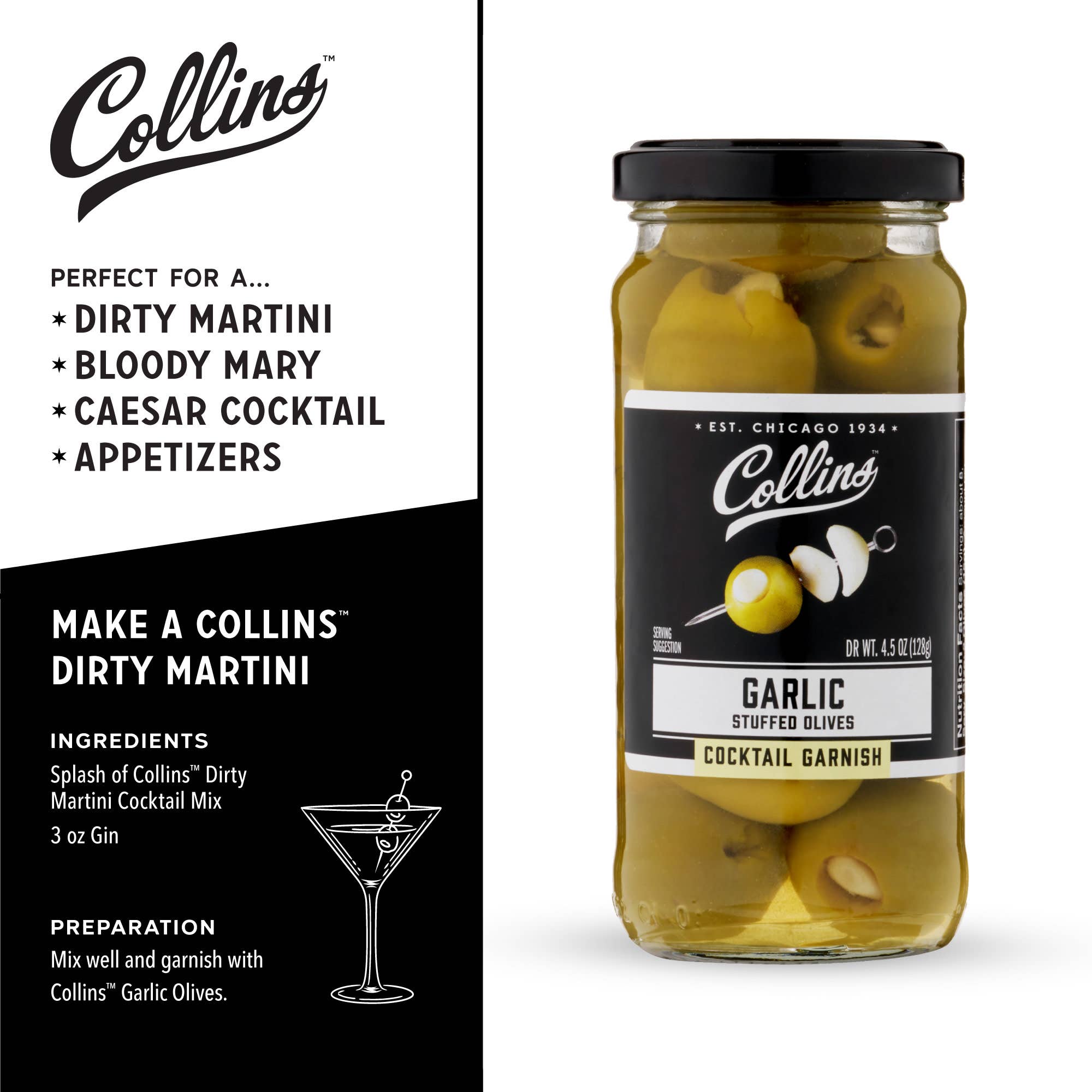 Collins - Wholesale Olives - Gourmet Garlic Stuffed Cocktail Olives 4.5 oz2