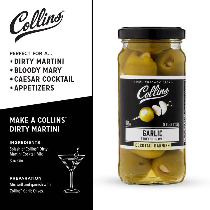 Collins - Wholesale Olives - Gourmet Garlic Stuffed Cocktail Olives 4.5 oz2