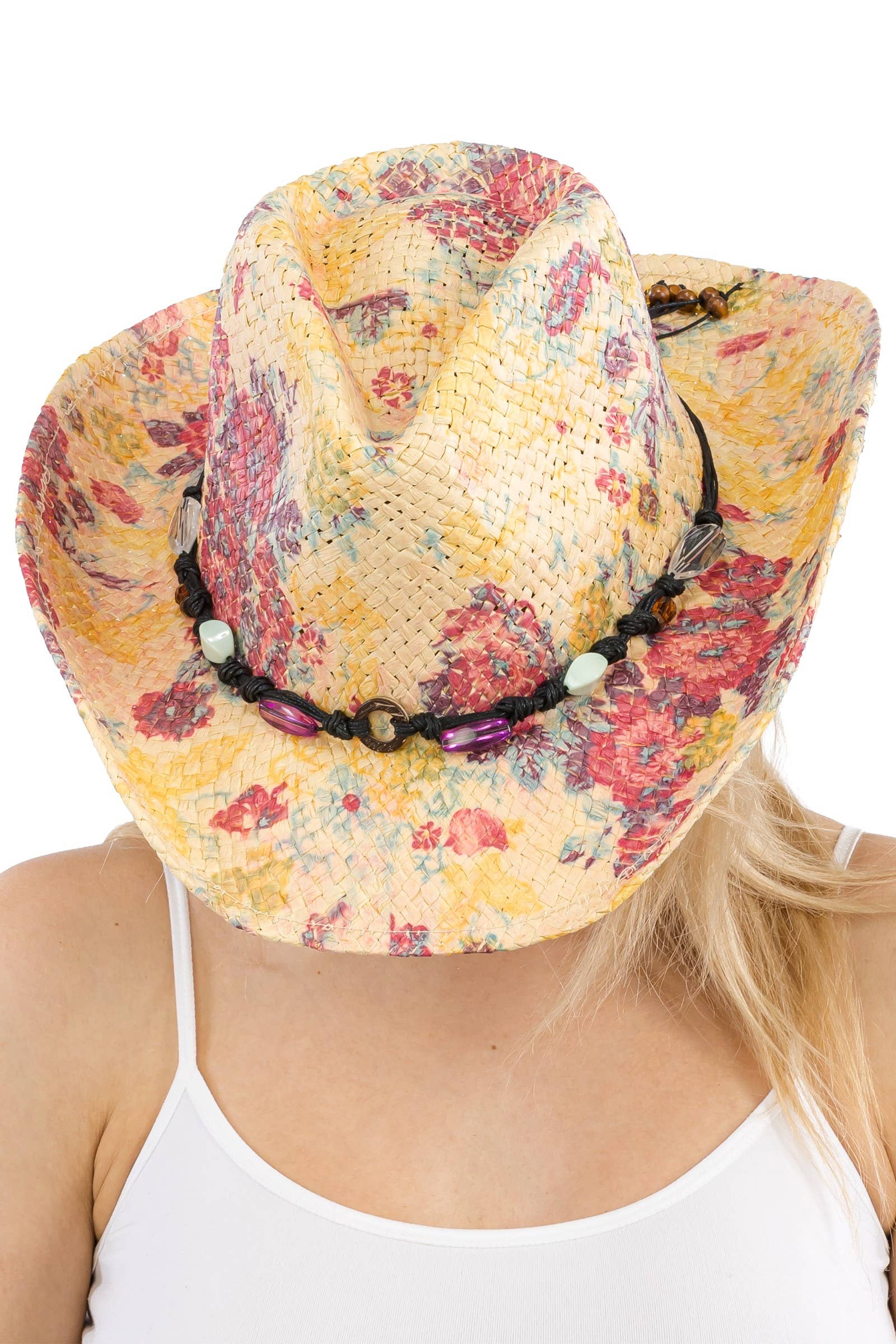Cap Zone - Wholesale Cowboy Hat - Women's - Floral Print Raffia Paper Straw Cowboy Hat25