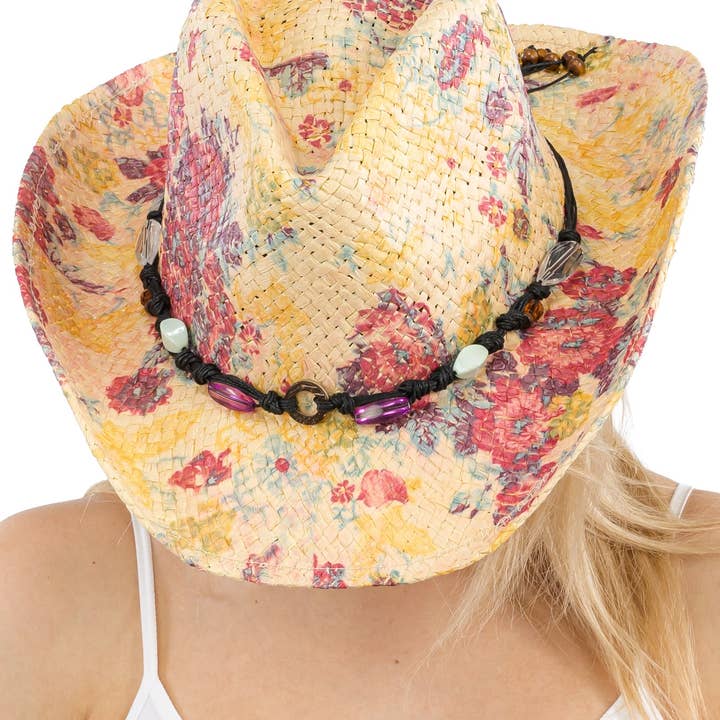 Cap Zone - Wholesale Cowboy Hat - Women's - Floral Print Raffia Paper Straw Cowboy Hat25