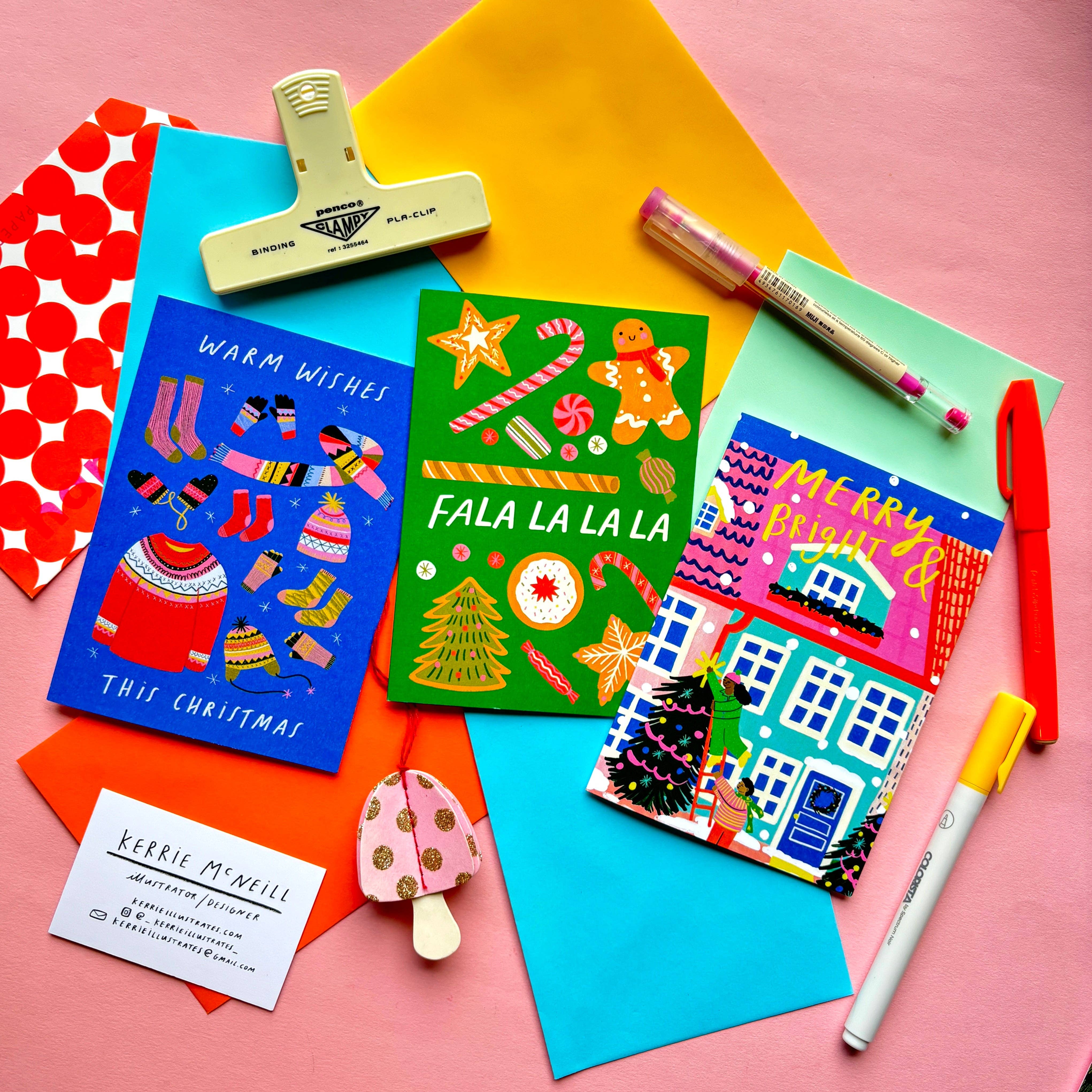 Kerrie Illustrates - Wholesale Christmas Card - Warm Wishes This Christmas Greeting Card | Fireplace Xmas Festive Greetings Cat Cozy Pink Gold Foil2