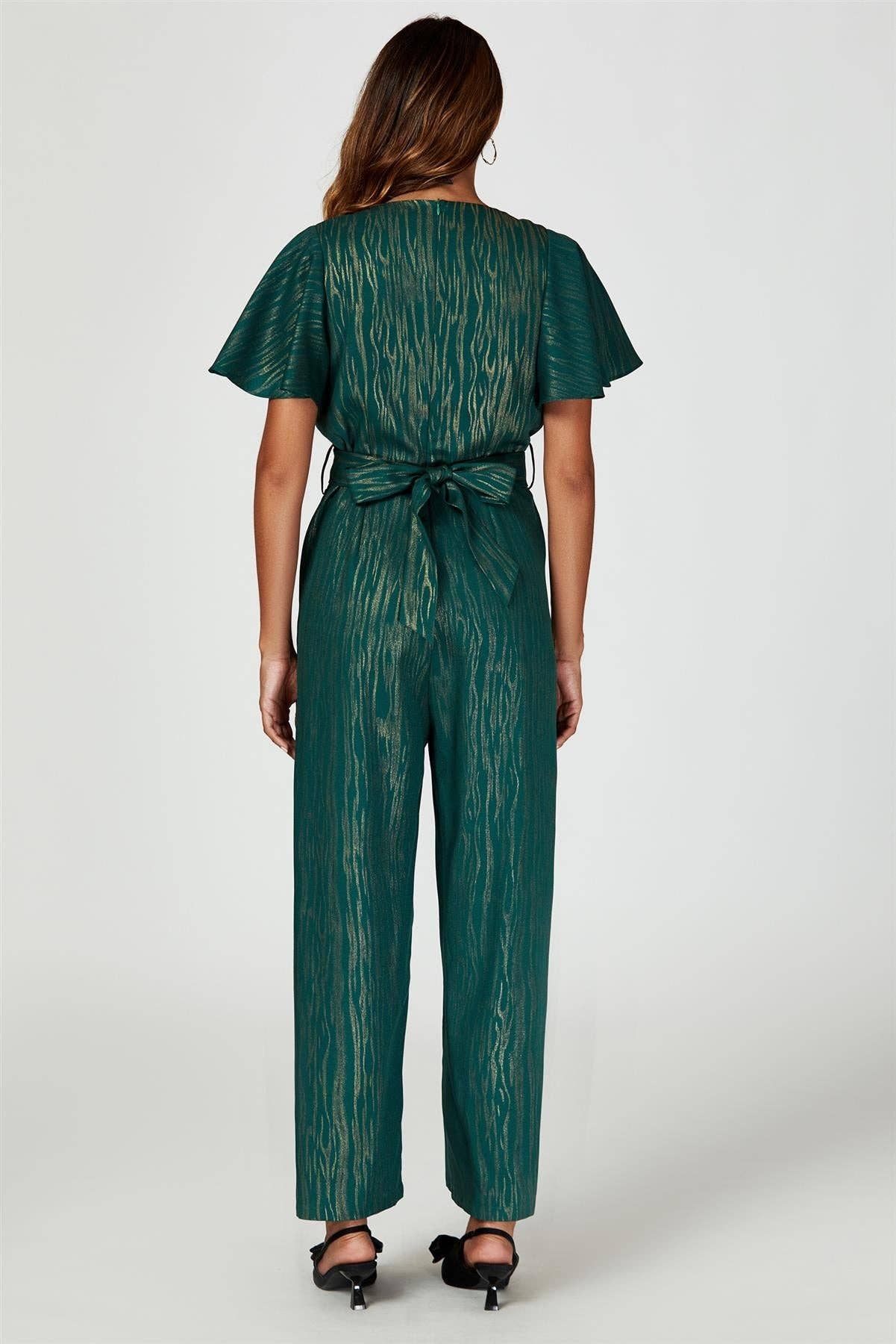 Gold Foil Print Wrap Top Jumpsuit In Green for wholesale on Faire5
