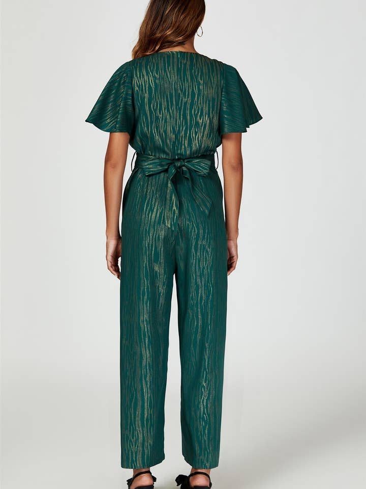 Gold Foil Print Wrap Top Jumpsuit In Green for wholesale on Faire5