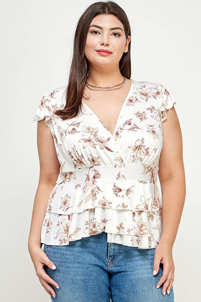 Off White Plus Size Floral Ruffle Babydoll Top KY18037-T for wholesale on Faire0