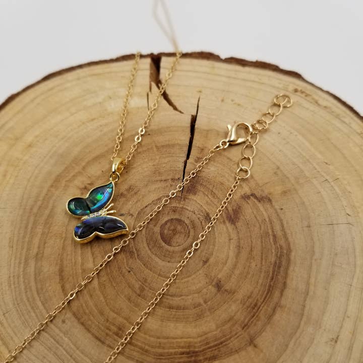 CHAKRA JEWELRY - Wholesale Pendant/Charm Necklace - Natural Abalone Shell Butterfly & Moon Pendant Necklace