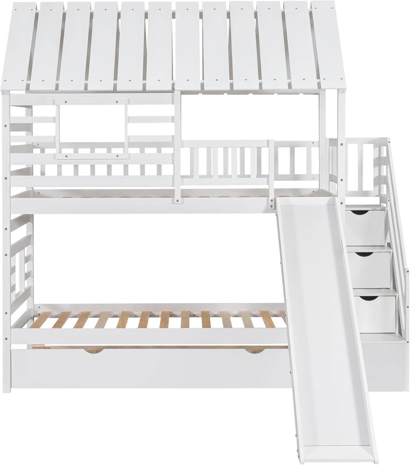 Kids Twin Over Twin Bunk Bed With Slide And Trundle White for wholesale on Faire6