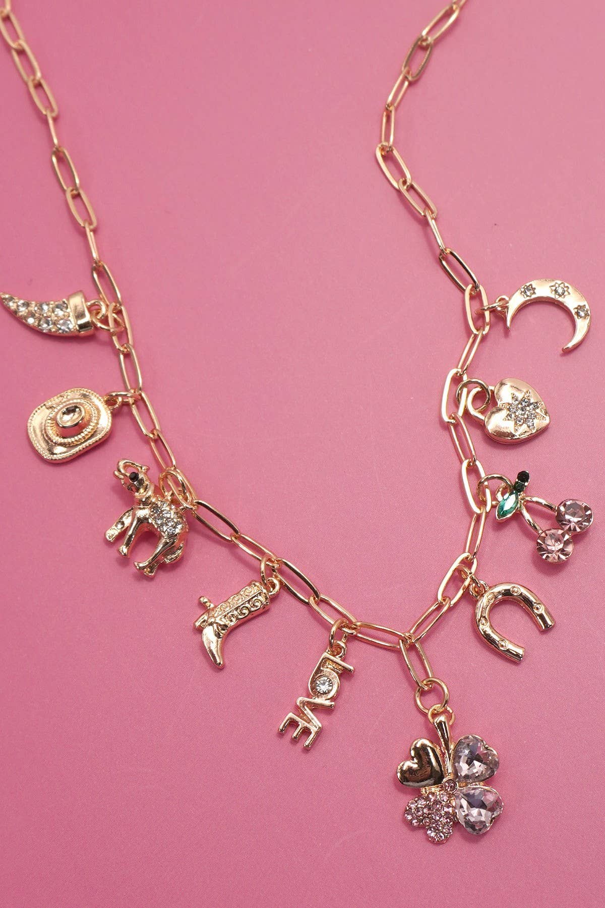 GOLD CHARM NECKLACE-WESTERN BOOTS HAT HORSESHOE HEART | 80N92178 for wholesale on Faire0