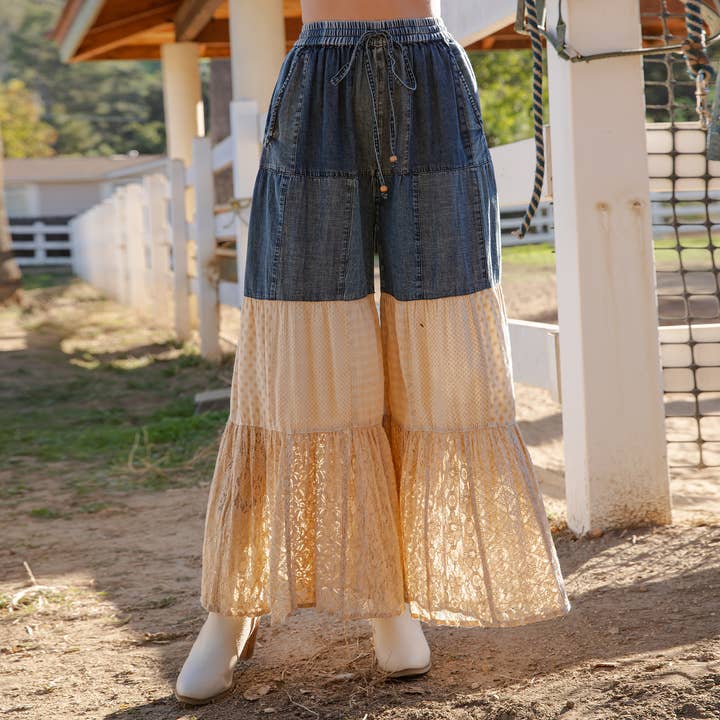 Boho lagdelt patch-indsat denim blonde- og strikkebukser (Ny) for engroshandel hos Young Threads