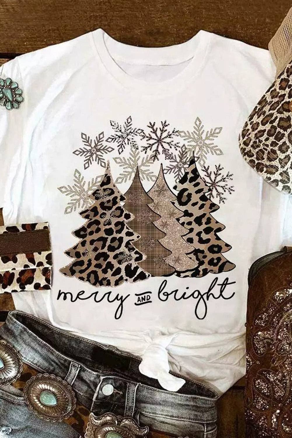 Suhkasana - Wholesale Screen Printed T-Shirt - Women's - Leopard Print Christmas Tree Graphic Holiday T Shirt11