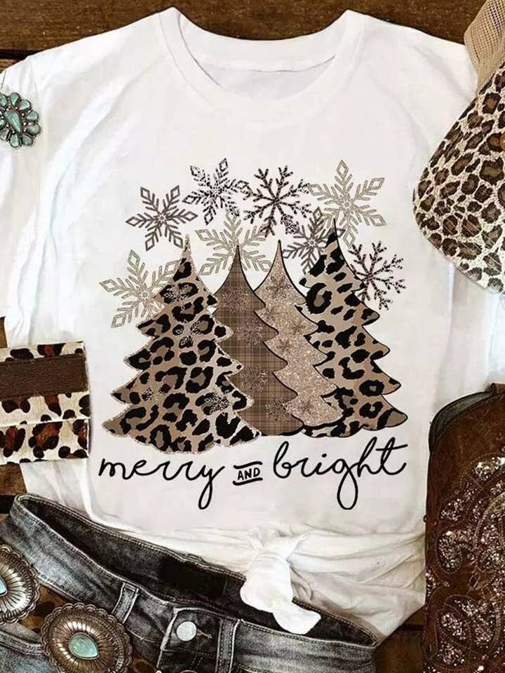 Suhkasana - Wholesale Screen Printed T-Shirt - Women's - Leopard Print Christmas Tree Graphic Holiday T Shirt11