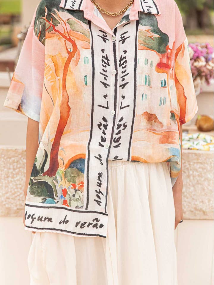 landscape printed short sleeve buttoned oversized shirt for wholesale by Rosa Clothing