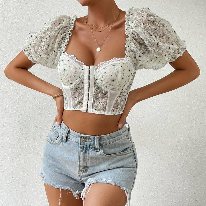 HIDDENBRAND - Wholesale Blouse - Women's - Mesh puff sleeves milkmaid crop top
