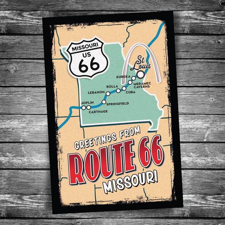 Greetings from Route 66 Missouri Map Postcard for wholesale by Christopher Arndt Postcard Co.