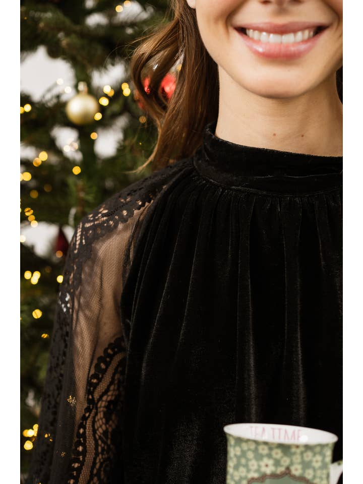 Black Two-material velvet blouse with lace sleeves - 80815 for wholesale on Faire