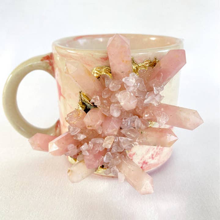 The Tangerine Store - Vendita all'ingrosso Tazza - Set di 2 | Tazza grande in ceramica effetto marmo rosa personalizzata per caffè/tè/succo con quarzo rosa/agata placcato oro semi-prezioso | 11 oz/325 ml