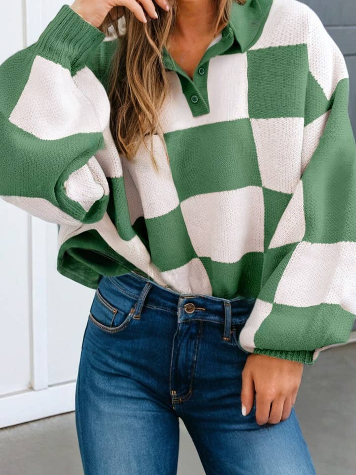 LAS Checkered Pattern Polo Collar Loose Sweater (S-XL) for wholesale by LA Society