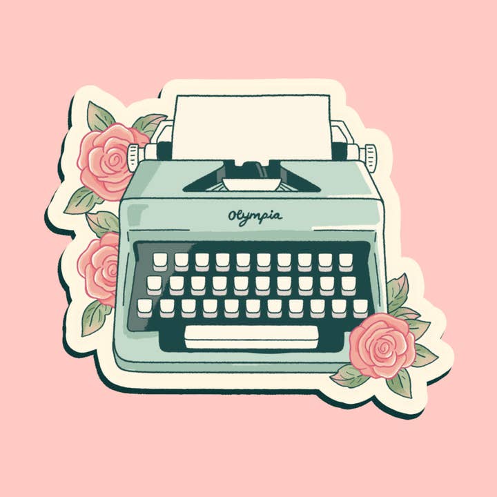 Typewriter & Roses Sticker for wholesale by Eve Anderson Draws