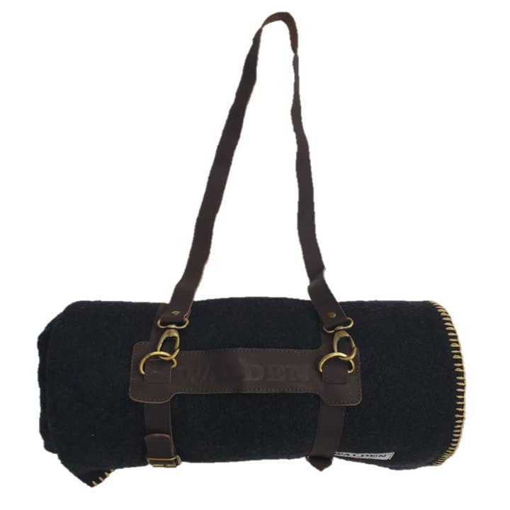 Fireside Wool Blanket with Leather Carrying Strap for wholesale by Walden Backyards