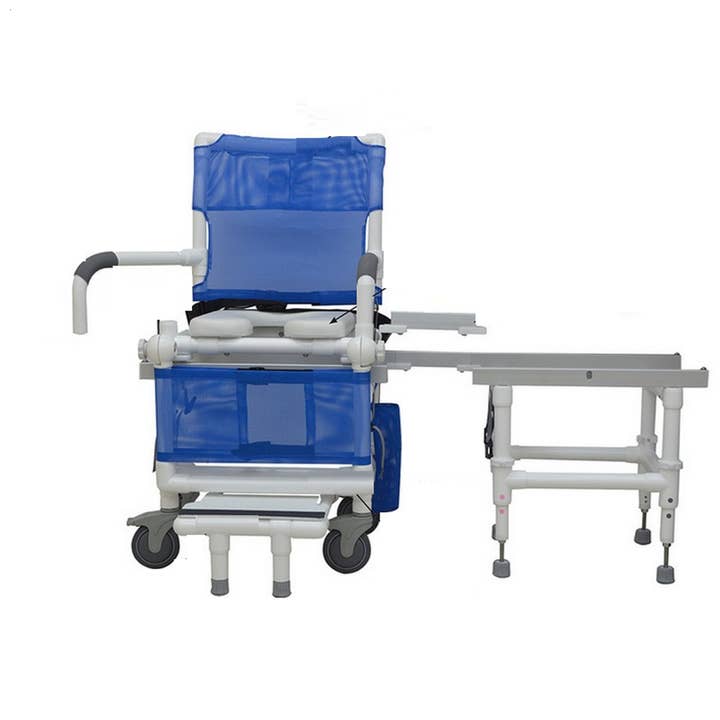 MJM International D118-5-SLIDE-N Deluxe All Purpose Dual Shower Chair/Transfer Bench (Excellent Lateral Transfer), Open Front Soft Seat, Buckle Safety Belt, Double Drop Arms, 5" x 1 1/4" Heavy Duty Casters, 300 lbs Weight Capacity for wholesale by Go Bulk Medical