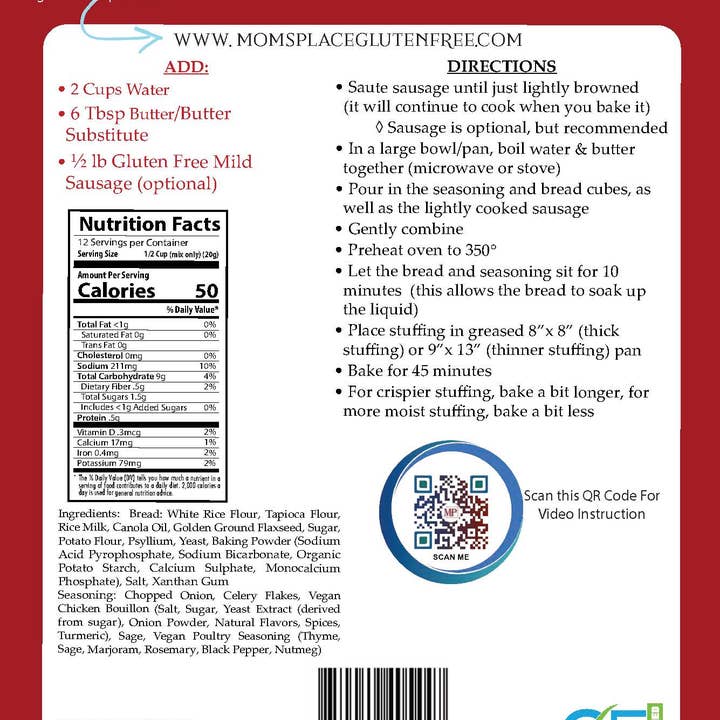 Mom's Place Gluten Free - Wholesale Bread Mix - Gluten-Free Sensational Stuffing Mix