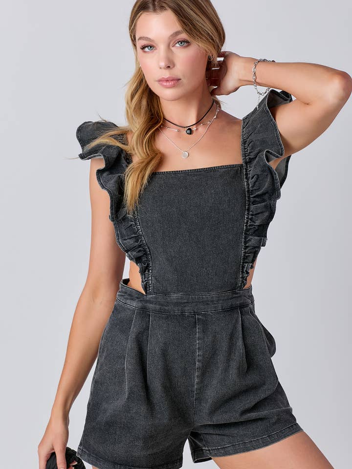 BABY PINK - Wholesale Romper - Women's - Ruffle Shoulder Denim Romper15