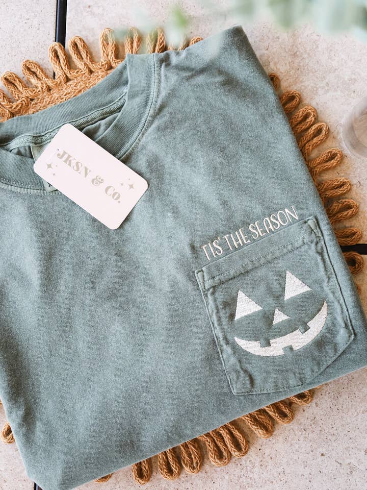 Jack-O-Lantern Embroidered Pocket Tee for wholesale by JKSN & Co.