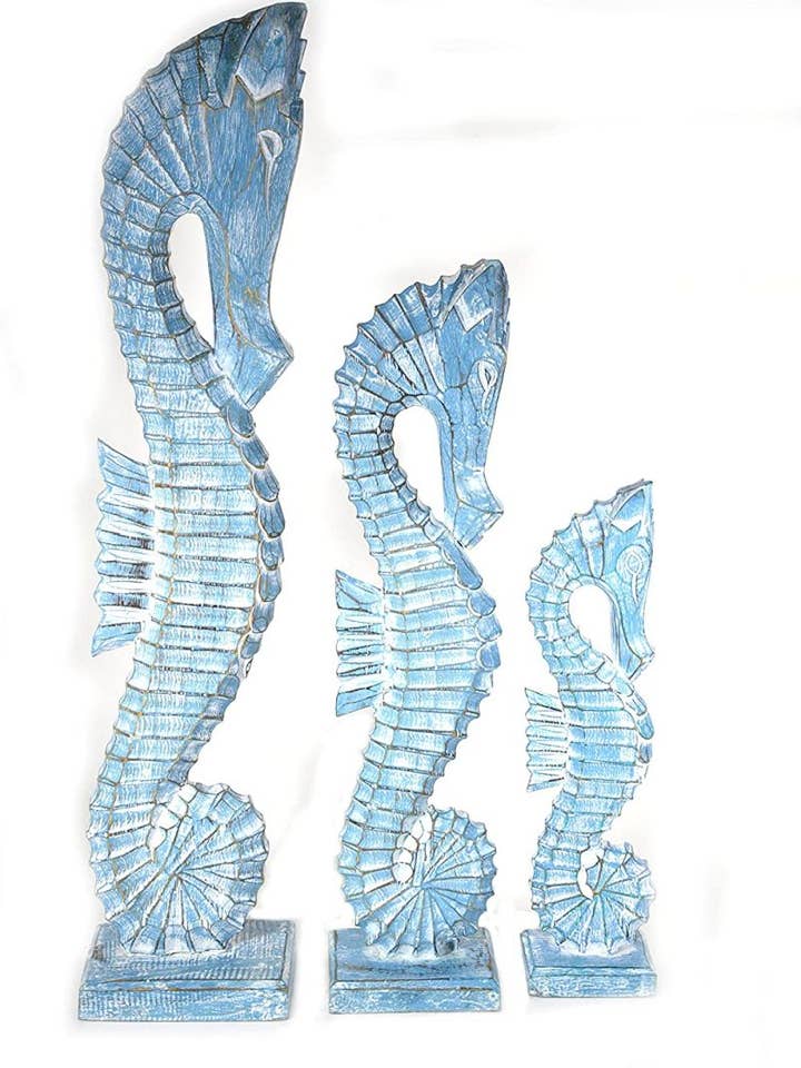 Seahorses Nautical Set of 3 Wood Teal Blue Aqua Standing Art for wholesale by White Elephant