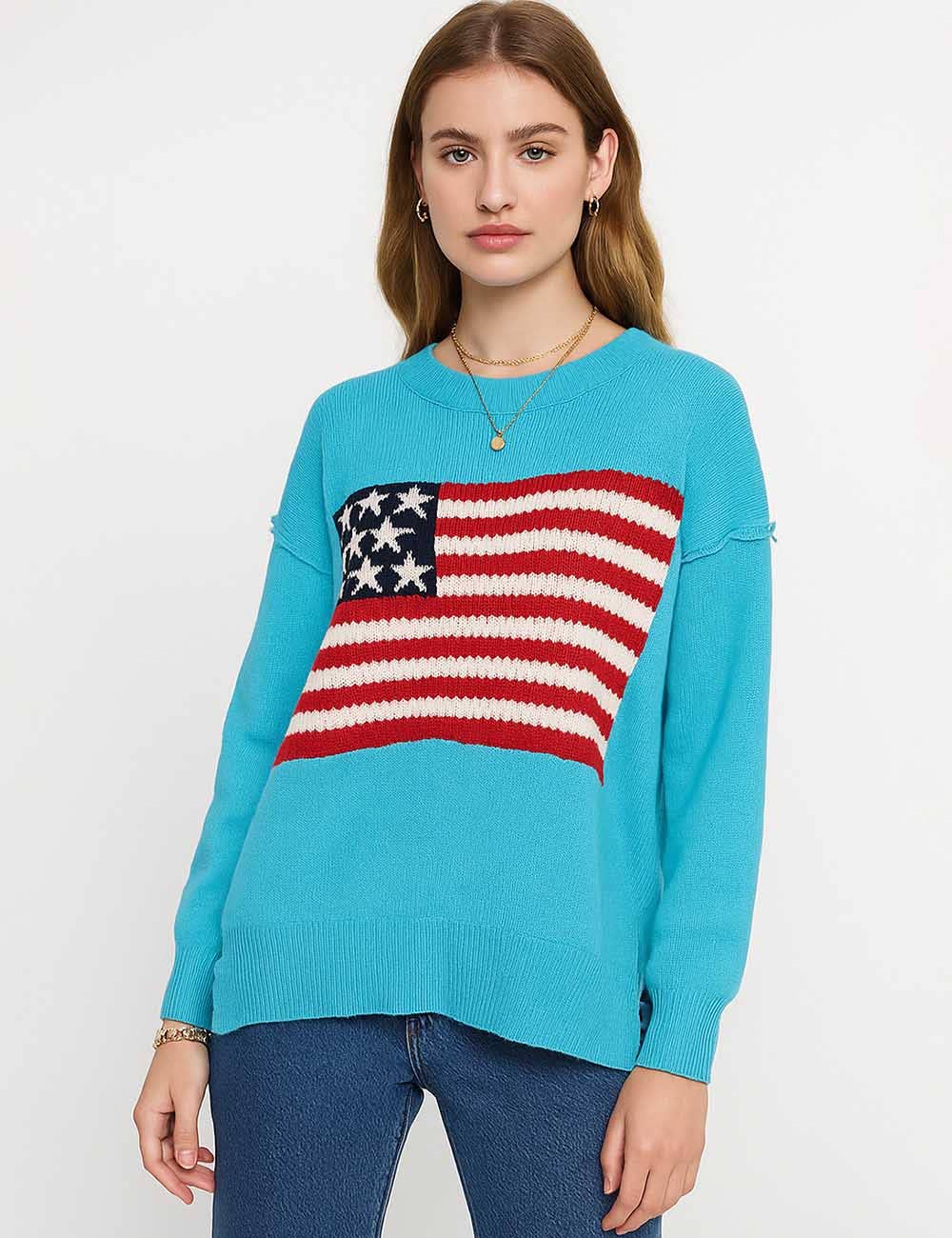 Sweetkama - Venta al por mayor Jersey de punto - Mujer - Jersey de Mujer con Cuello Redondo y Bandera Americana SKT4107012