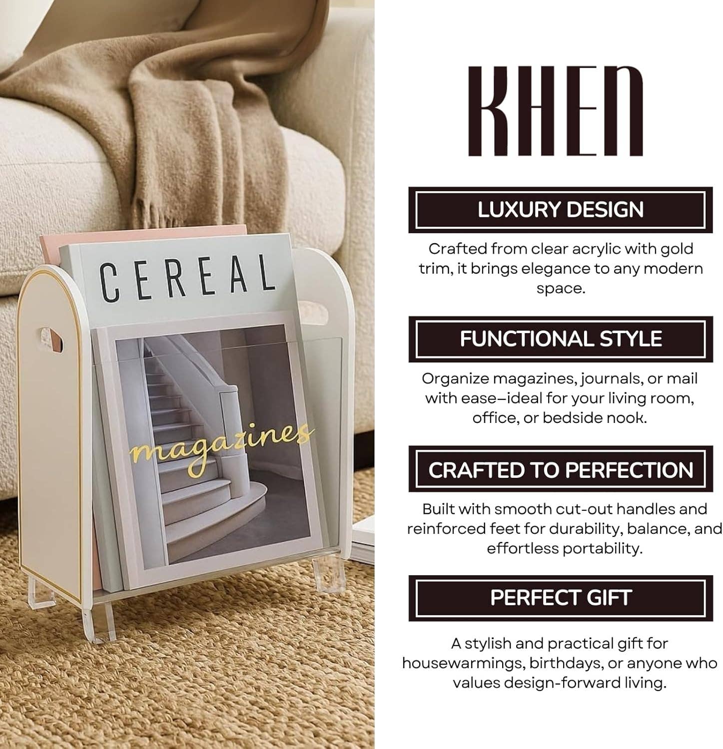 The Wine Savant /  Khen Glassware – wholesale Magazine rack – Acrylic Magazine Holder with Gold Trim, Clear 5