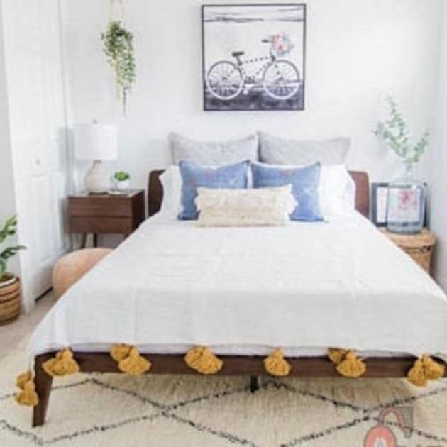 White Moroccan Pom Pom Blanket with Mustard Tassels for wholesale by Melecraft