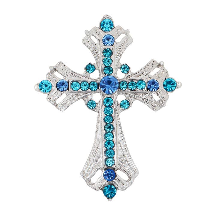 AK Brand - Wholesale Brooch - Silvery Religious Cross Brooch with Rhinestones