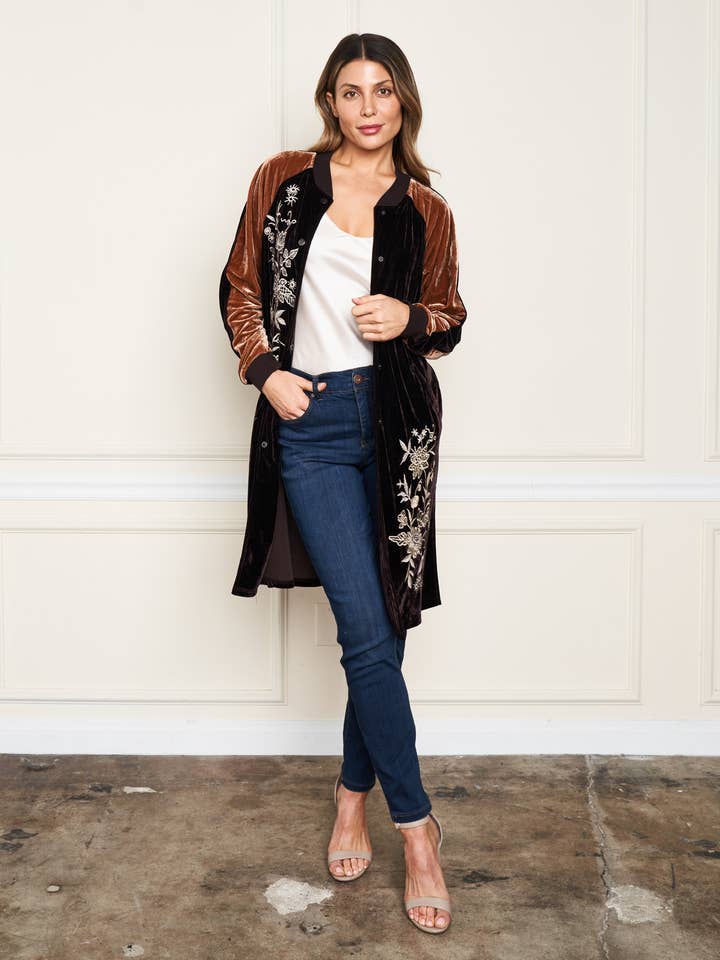 5677-MAD Velvet Embroidered Long Baseball Duster for wholesale by Paparazzi