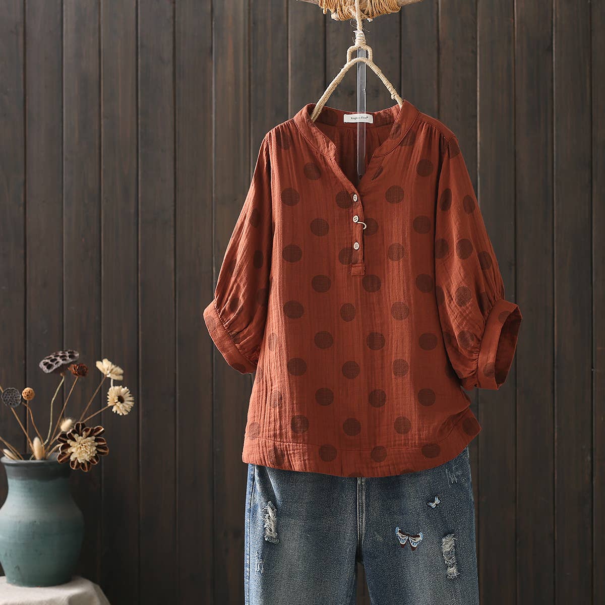 Whisper Mint - Wholesale Blouse - Women's - Double-Layer Cotton Gauze Shirt Blouse Loose-Fit Blouse5