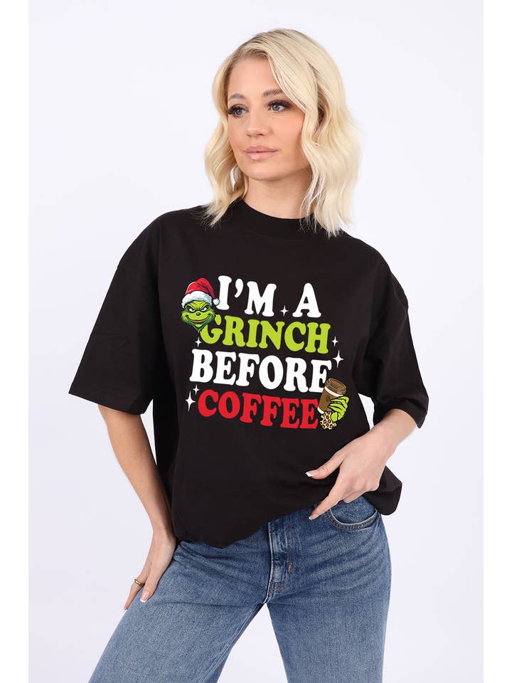 Missi Clothing – wholesale Screen printed t-shirt – Women′s – 220GSM Oversize Christmas T-Shirt In Grinch Before Coffee Print2