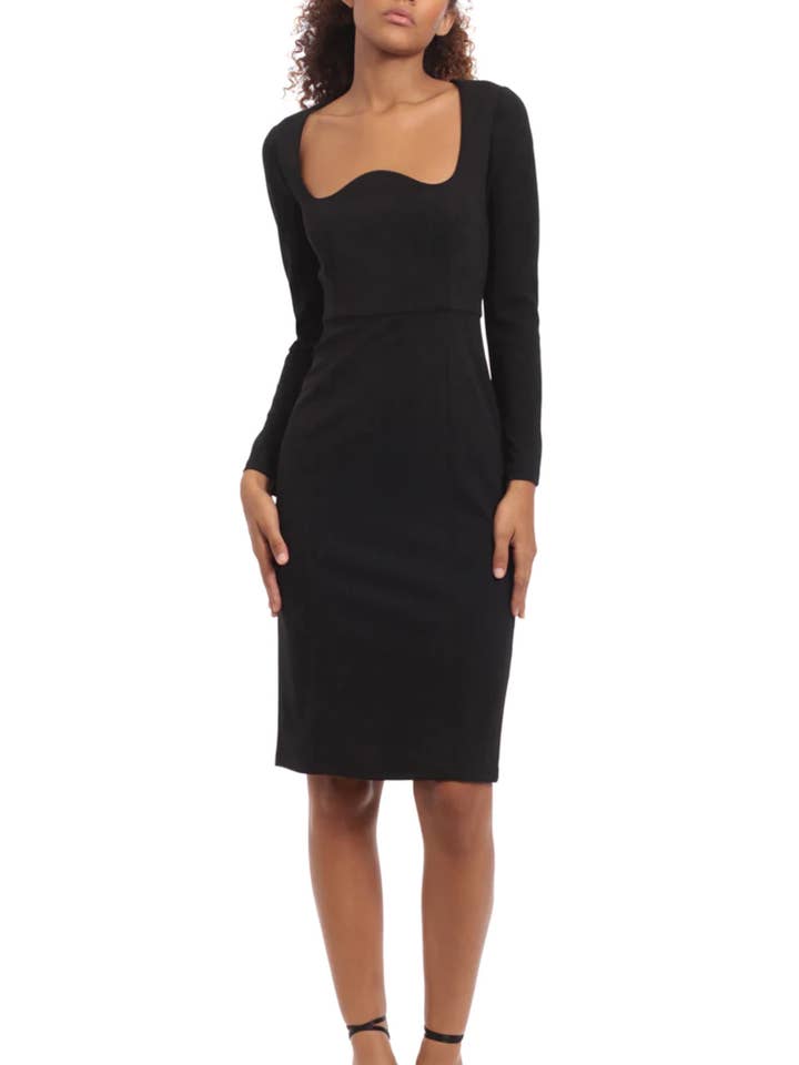 Donna Morgan Scalloped Neckline Long Sleeve Dress for wholesale by New Yorker's Apparel