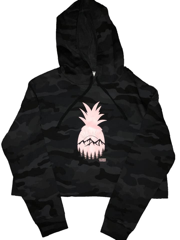 Black Camo Pineapple Crop Hoodie - powder pink for wholesale by Kompass Apparel