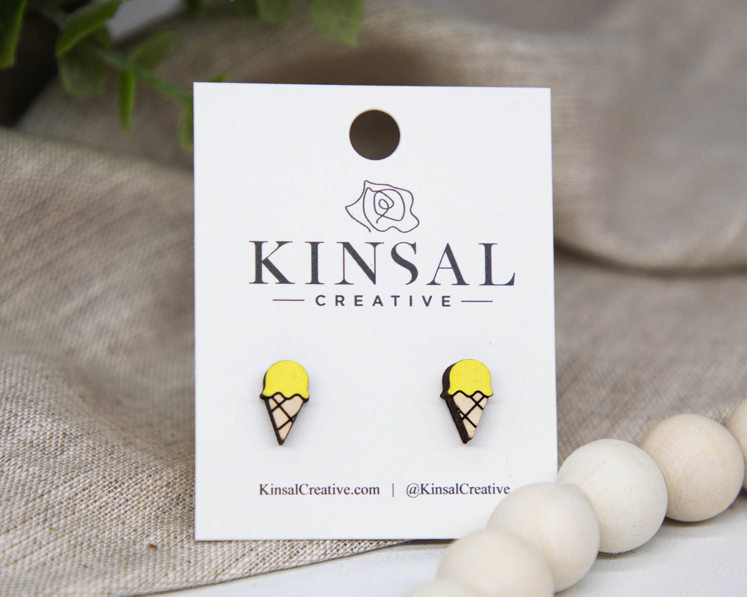 Kinsal Creative – wholesale Stud/post earrings – Ice Cream Waffle Cone Wood Stud Earrings2
