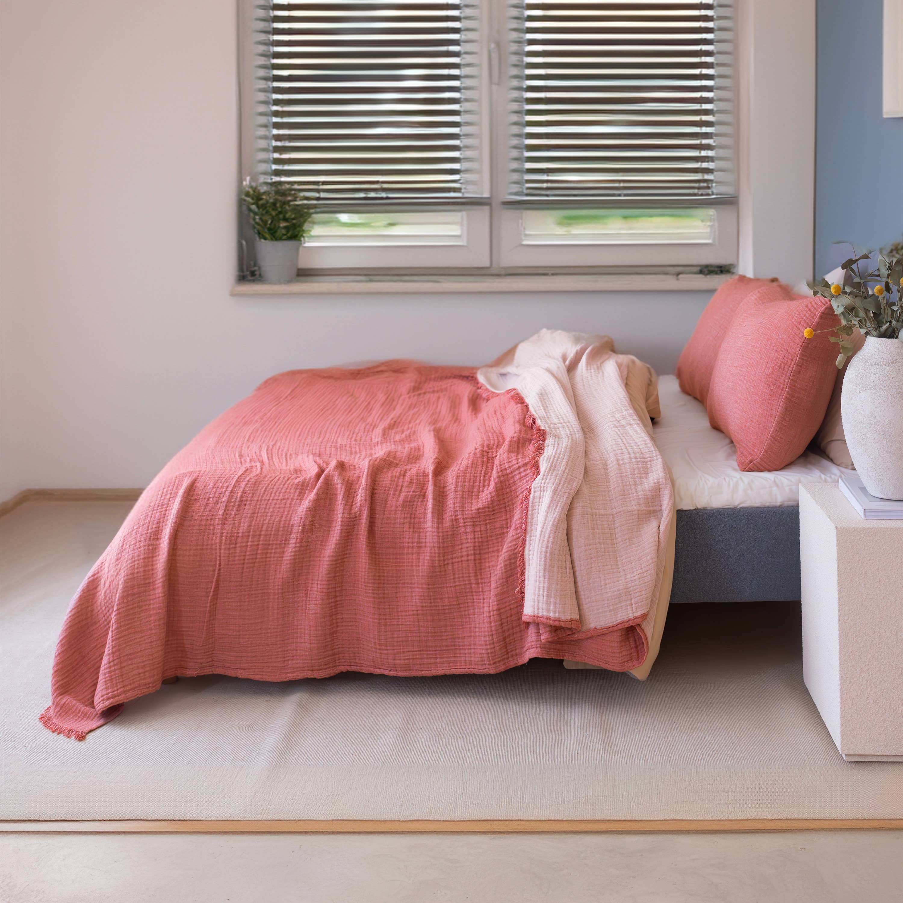 Vivamaison - Vente Plaids - Couvre-lit en mousseline frangé 100 % coton doux, 4 couches premium123