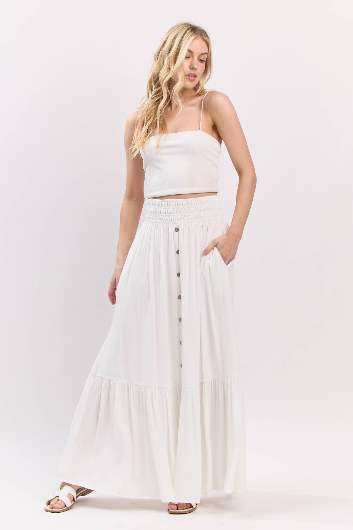 Ivory Ruffled Smocked Waist Maxi Skirt - VS3399 for wholesale on Faire4