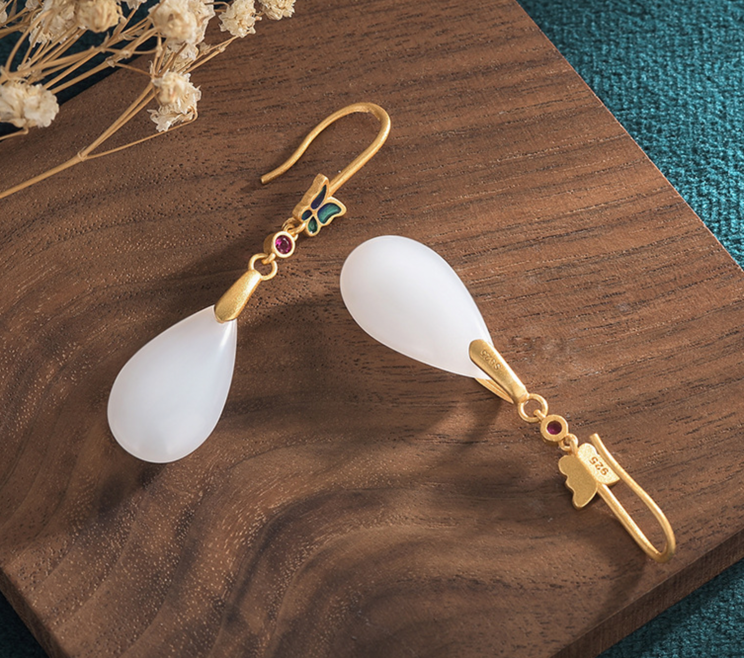 Bright MacMing - Wholesale Dangle Earrings - Enamel Butterfly on A Drop of White Jade Earrings3