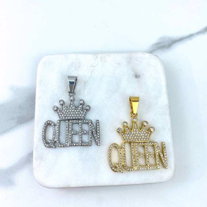 DIJU Jewelry - Wholesale - Gold Plated On Stainless Steel Cubic Zirconia Queen with Crown Pendant, Gold or Silver, Hip Hop, Wholesale Jewelry Making Supplies5